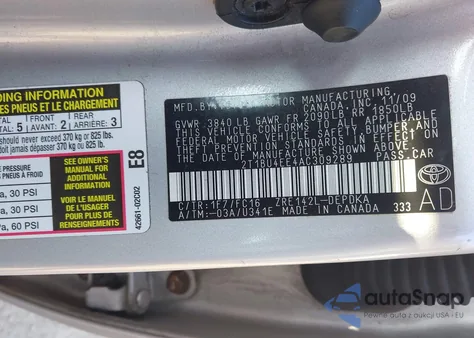 2010 Toyota Corolla Le из США, поврежденный, VIN 2T1BU4EE4AC309289